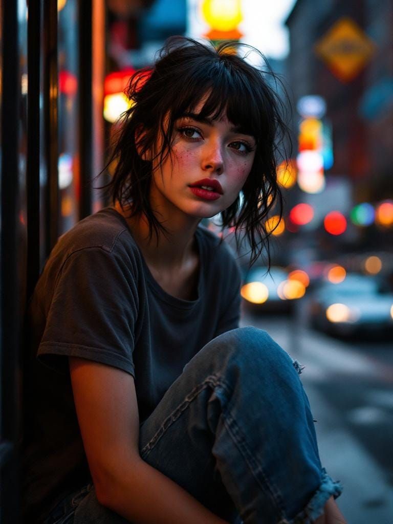 Photorealistic Portrait of Woman on City Window Ledge