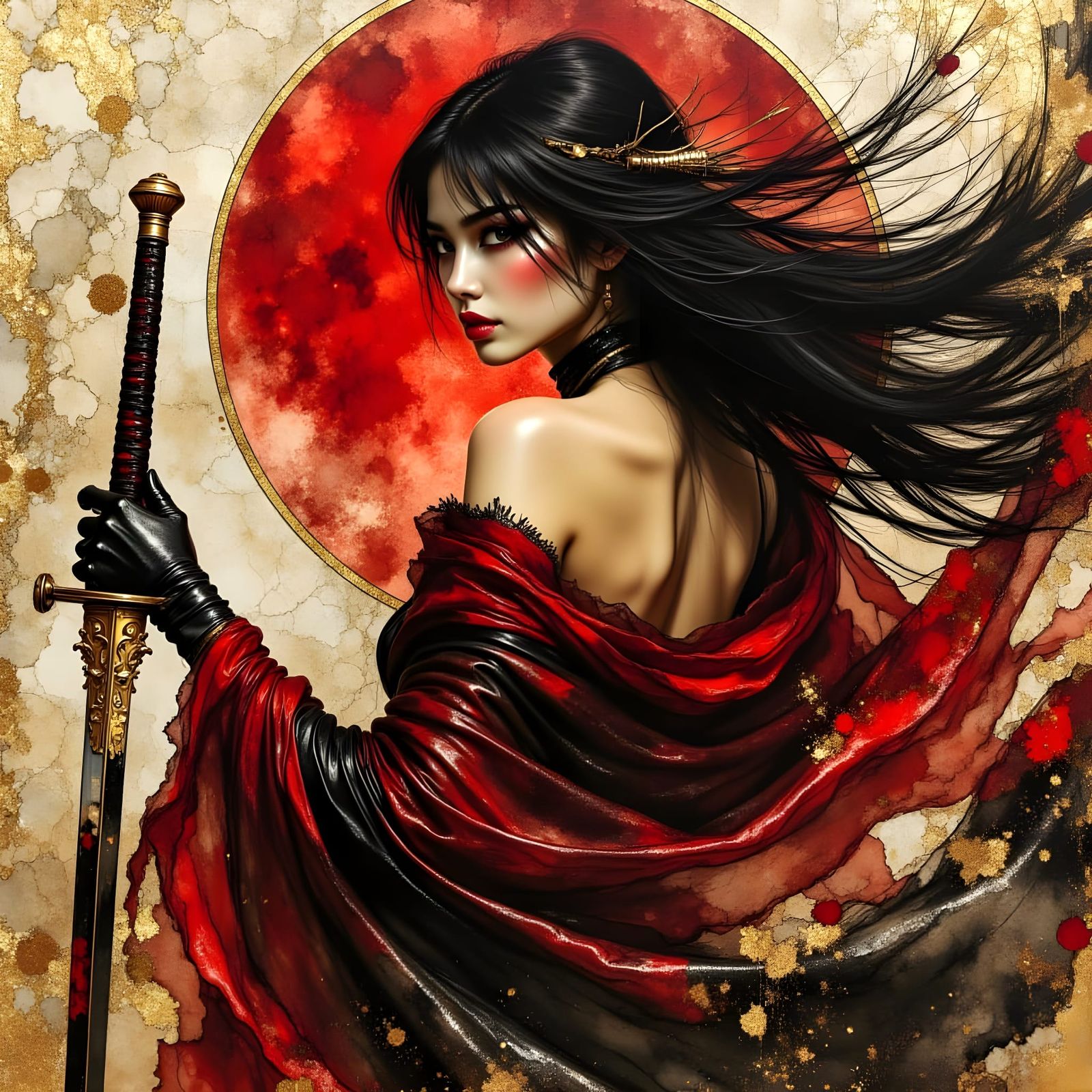 Sensual Japanese Warrior Woman in Oil Painting Style