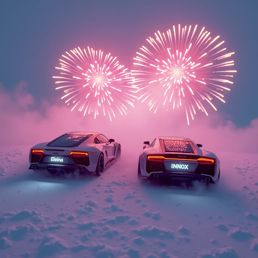 Futuristic Cars Drift on Snowy Landscape with Neon Clouds