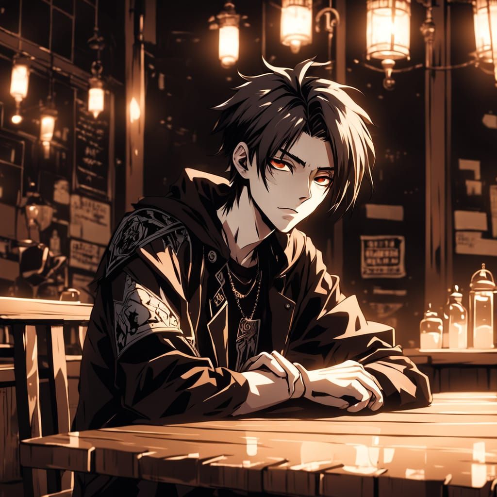 Anime Style Goth Boy in Cafe with Warm Lighting