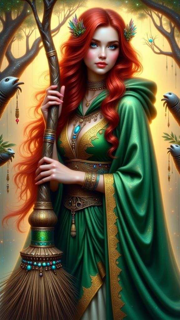 Fiery Witch Stands Beside Her Gnarled Broom in a Dreamlike L...
