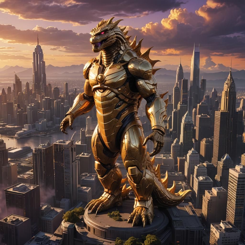 Colossal Golden Godzilla Statue in Cityscape