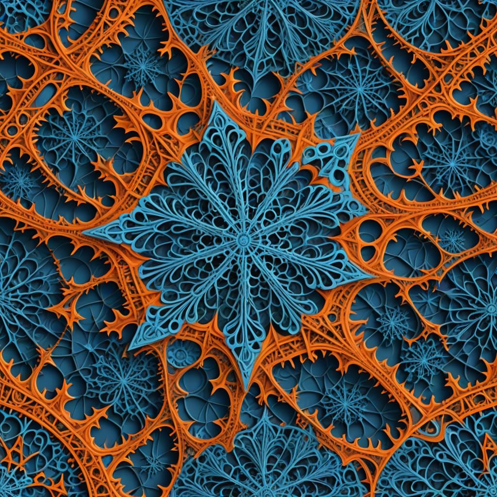 Fractal Snowflake in Vibrant Cerulean and Burnt Orange