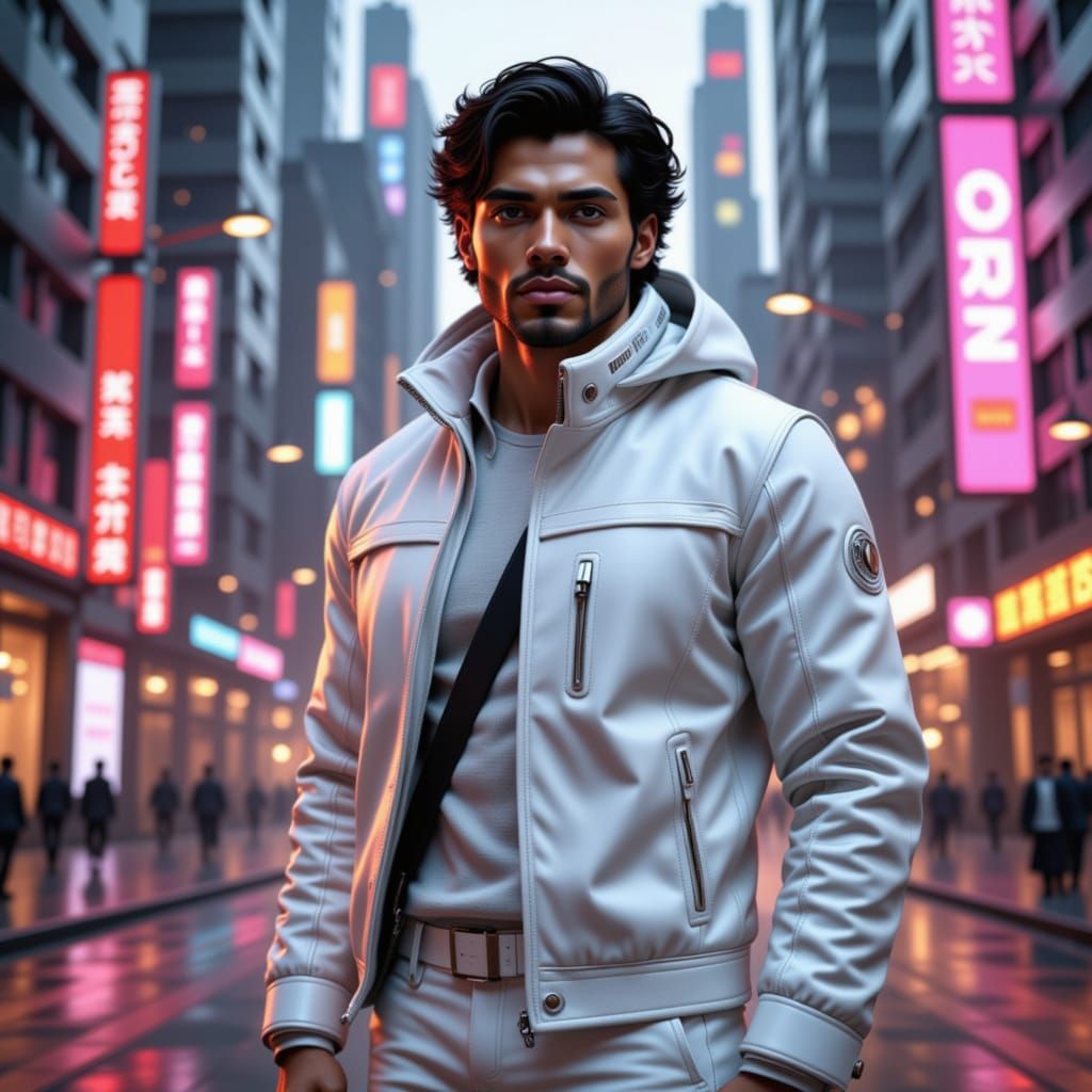 Futuristic Man in Neon Cityscape as Digital Art