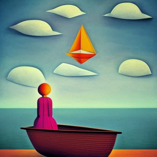 Surreal Woman on Calm Sea with UFOs