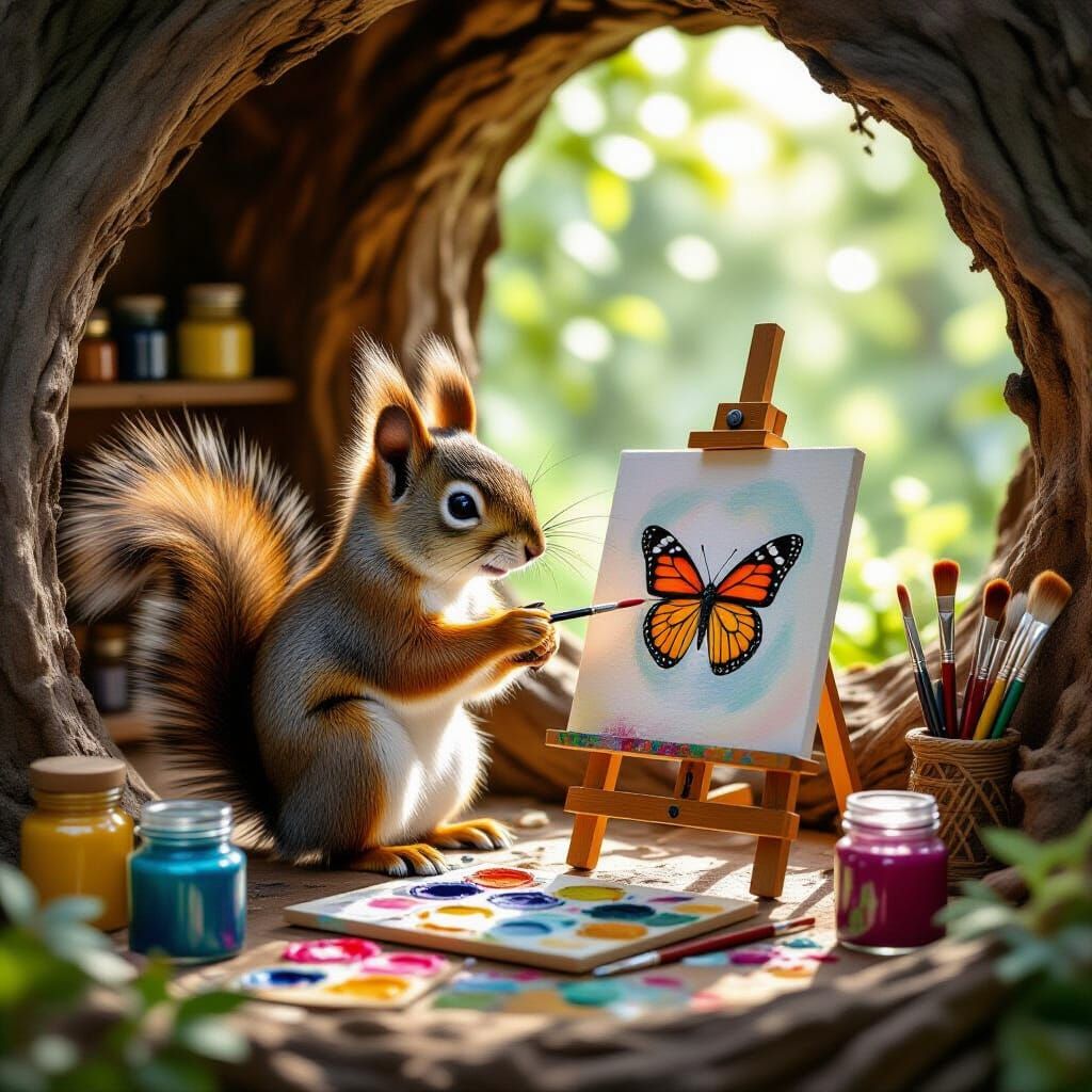 Squirrel Artist Painting Butterfly Portrait in Studio