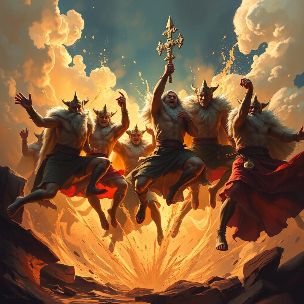 Hyperrealistic Lords Leaping in Colorful Splash Art