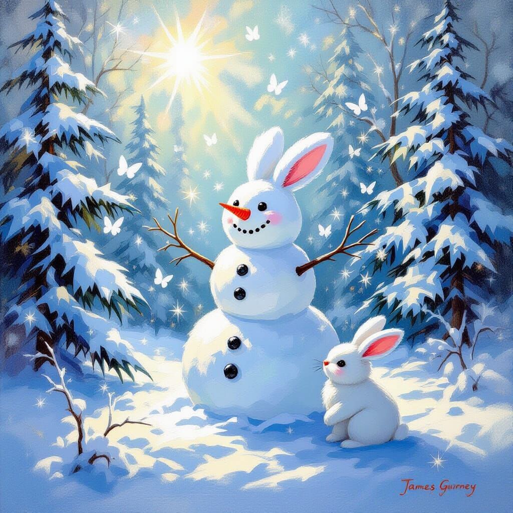 Snowy Winter Landscape with Crystal Trees and Fluffy Bunny