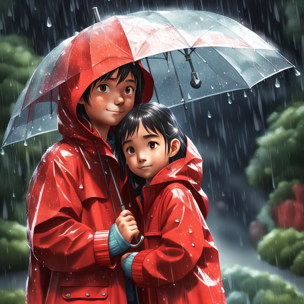 Girl Shields Father in Rain, 3D Anime Art