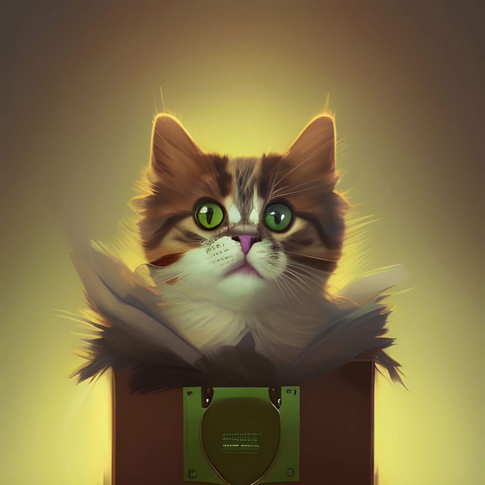 Fluffy Cat Portrait in a Box, Digital Art