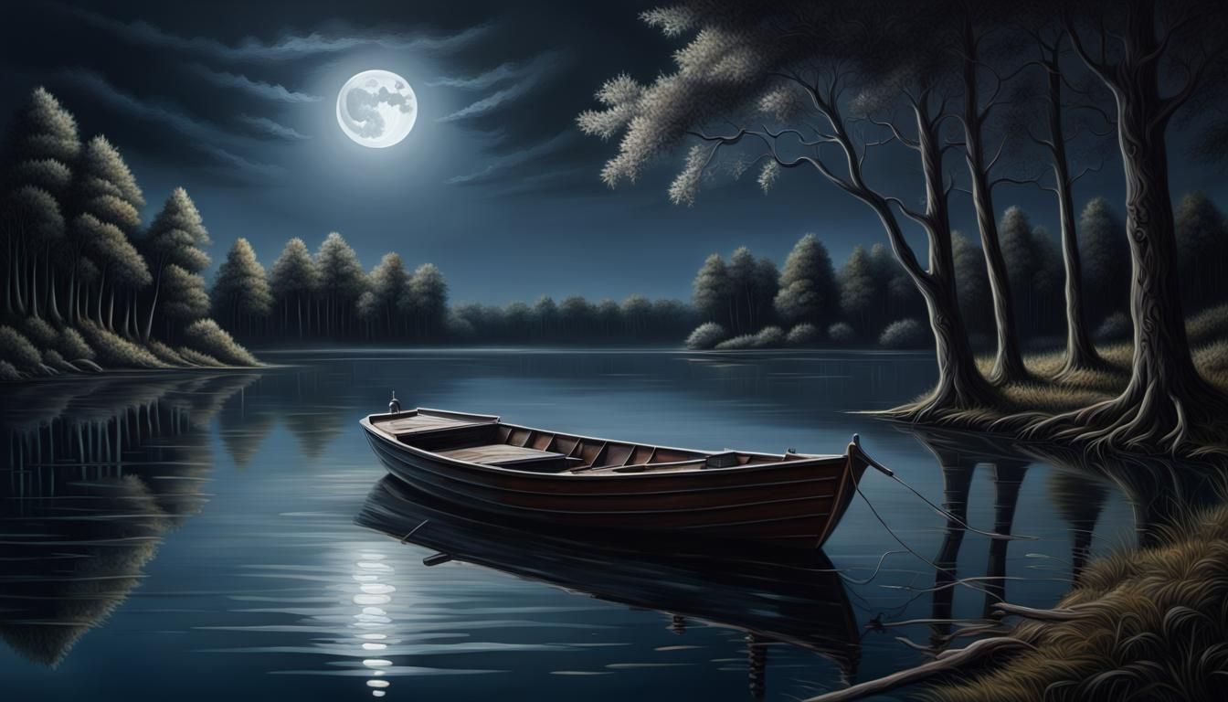 Moonlit Boat on Lake in Chiaroscuro Style