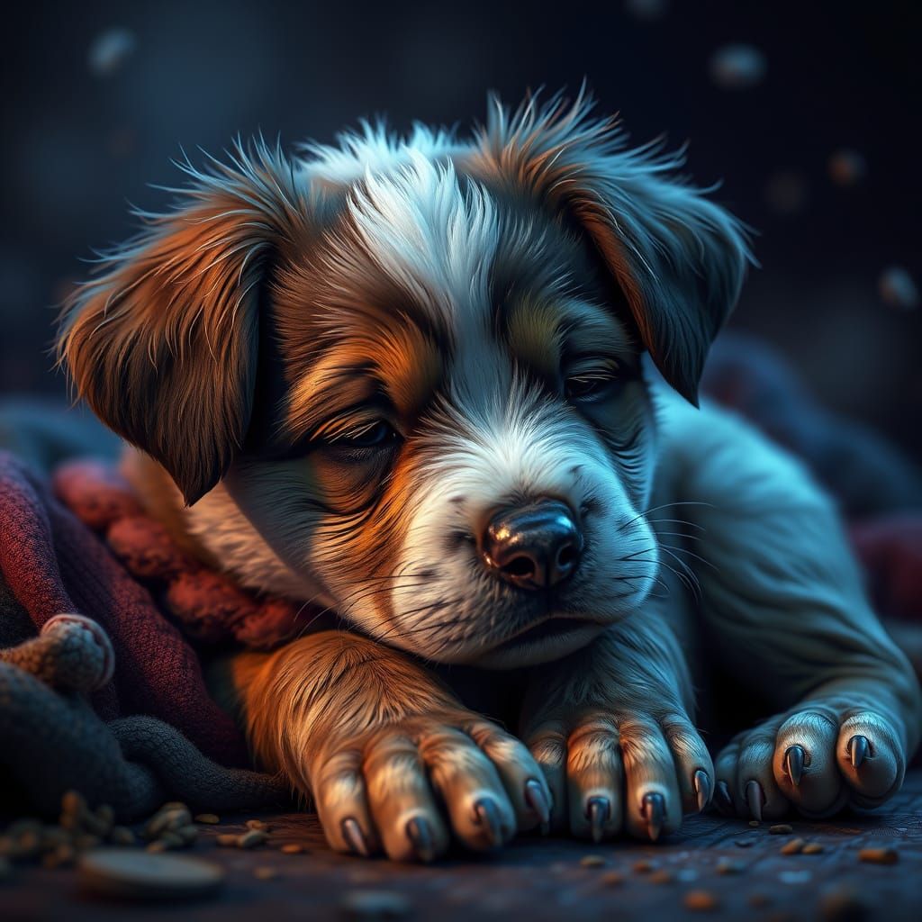 Exhausted Puppy in Vibrant Fantasy Landscape