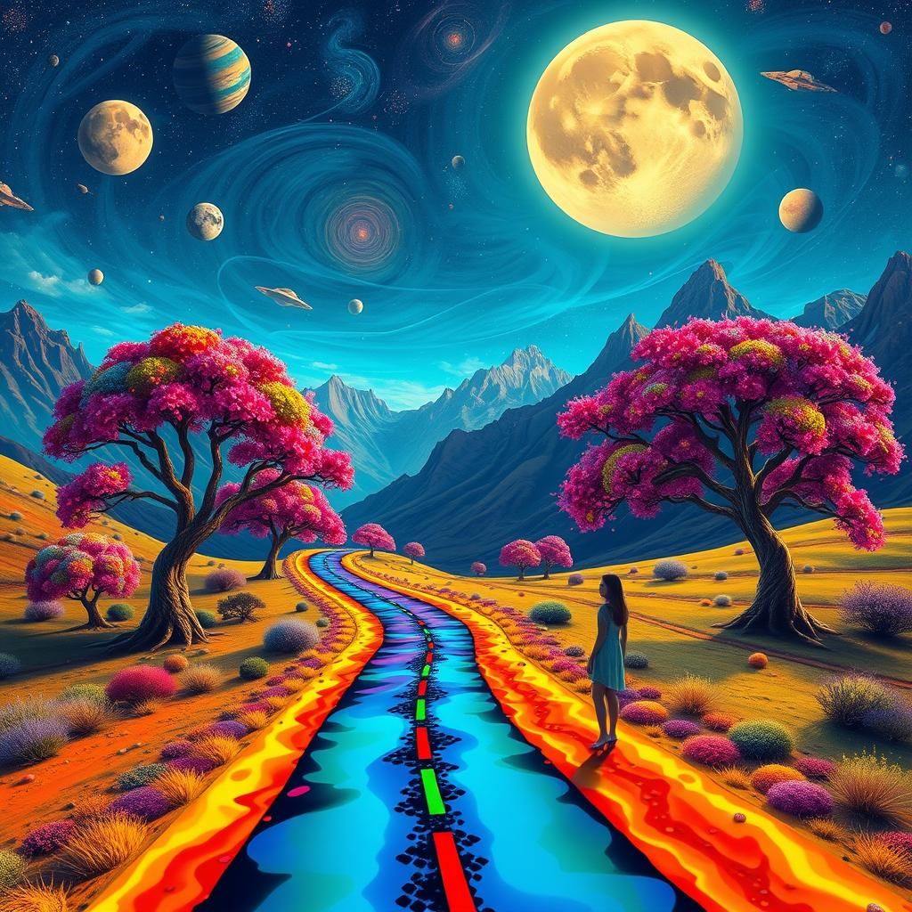 Vibrant Surreal Landscape with Winding Road and Moon