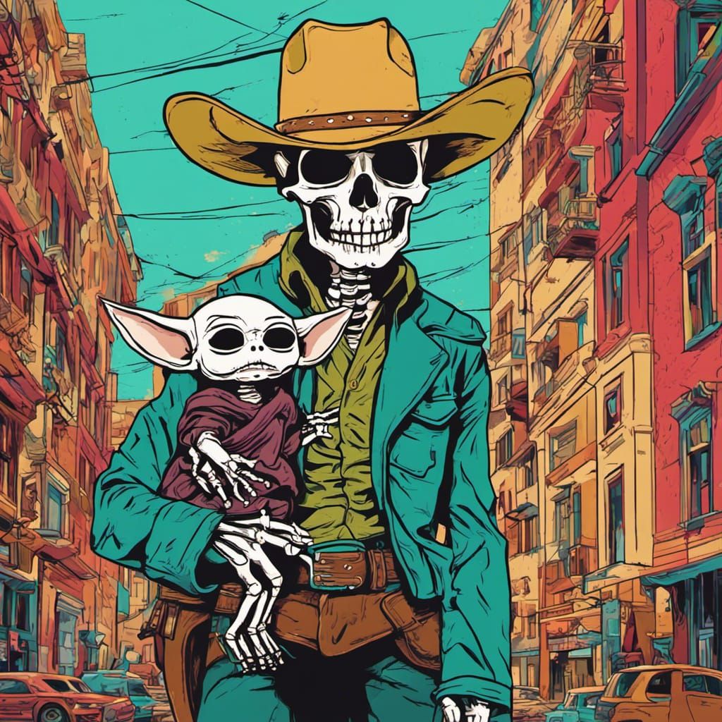 Skeleton Cowboy with Baby Yoda: Pop Art Print