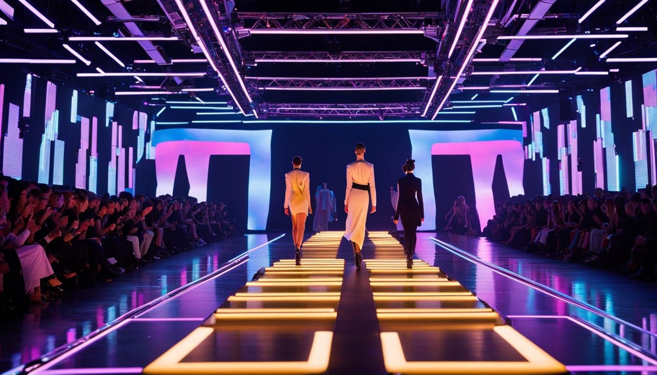 "A sleek, futuristic runway surrounded by holographic projections. Models wear digital clothing that morphs with animate...