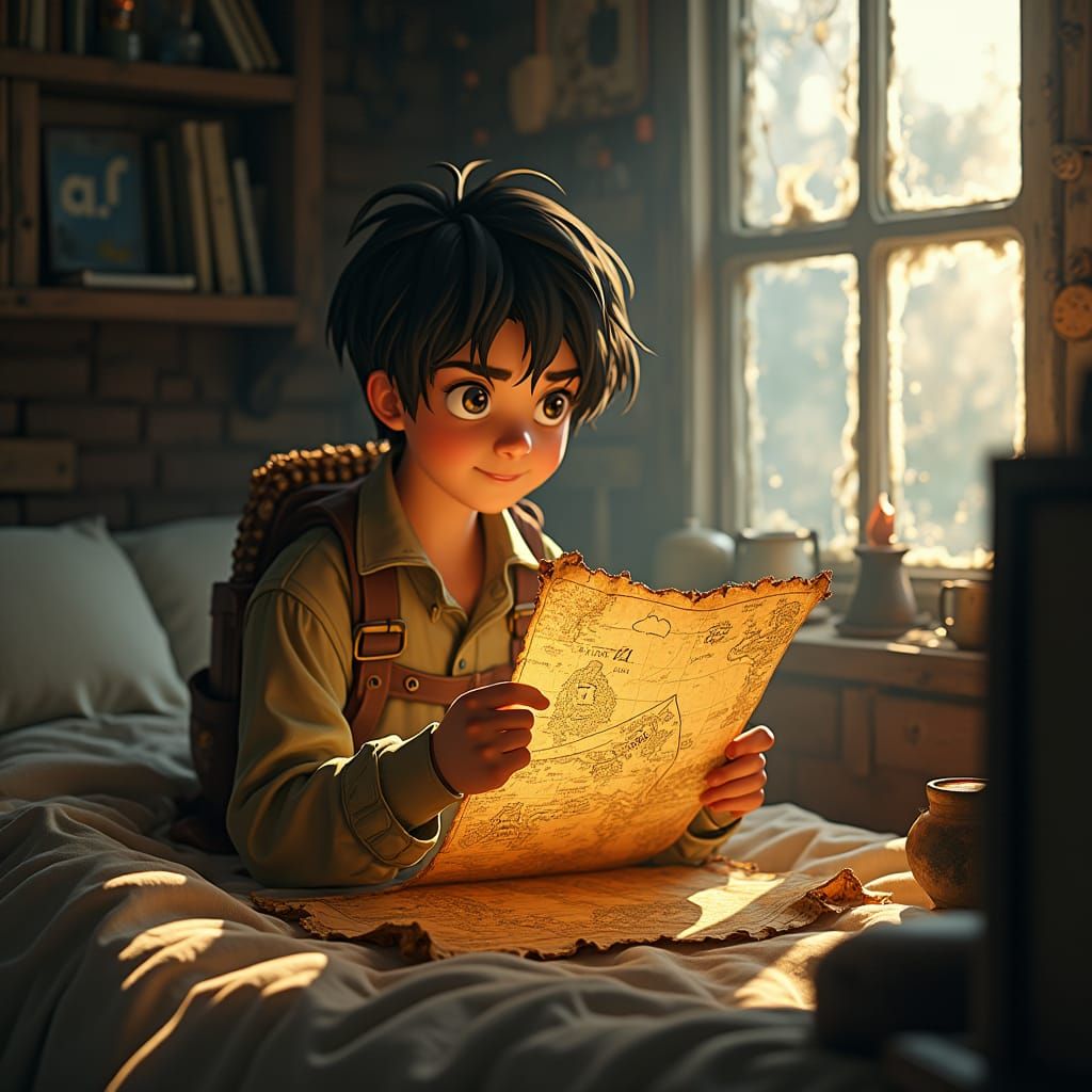 Boy's Treasure Map Discovery in Atmospheric Realism Style