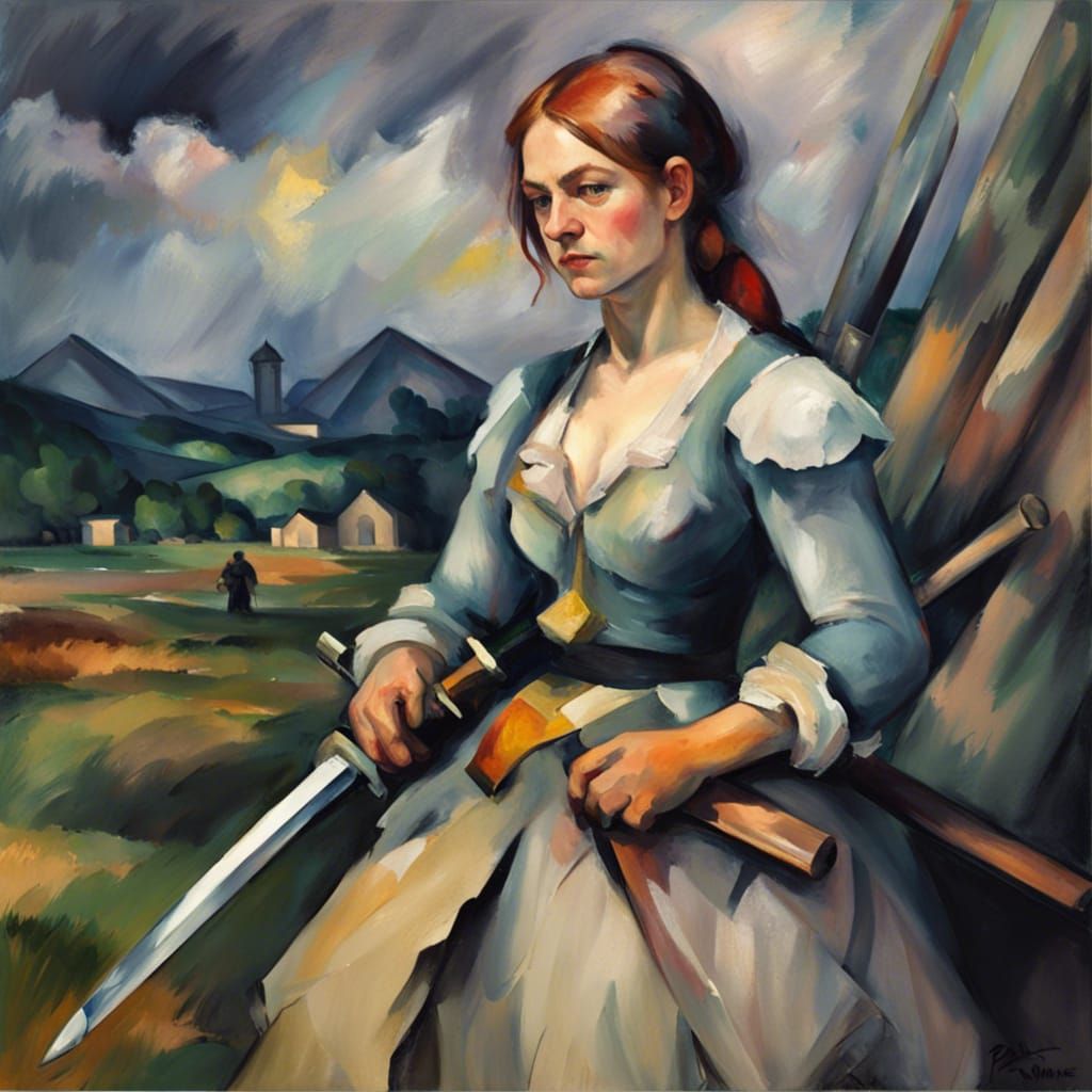 Battlefield Woman with Sword: Impressionist Oil Painting