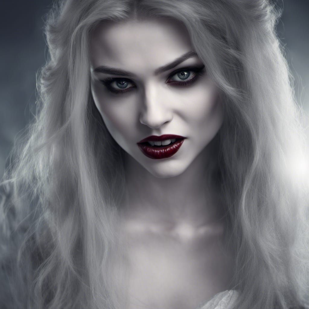 Beautiful Vampire Examines Her Fangs