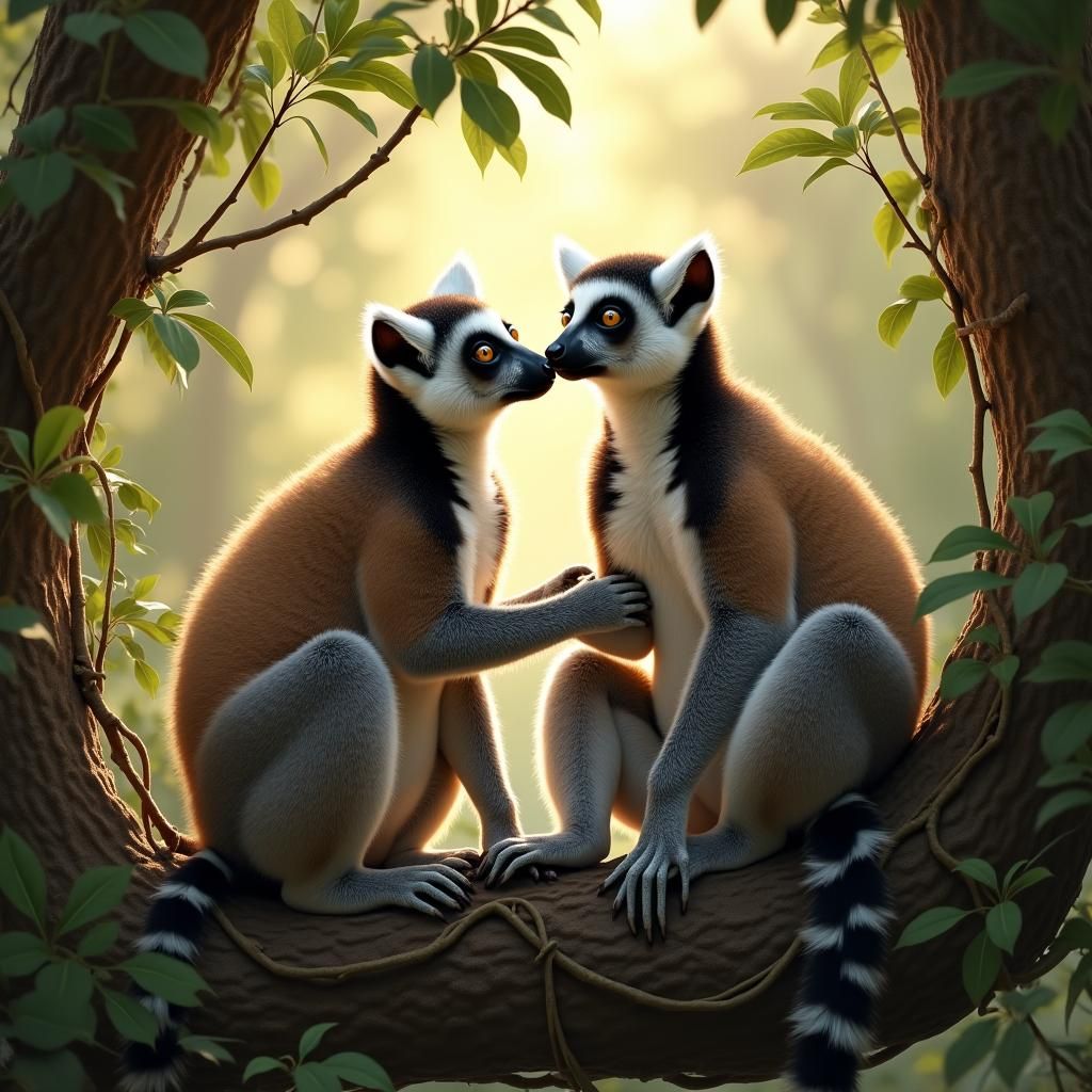 Lemur Kiss in Golden Light: Realistic Wildlife Scene