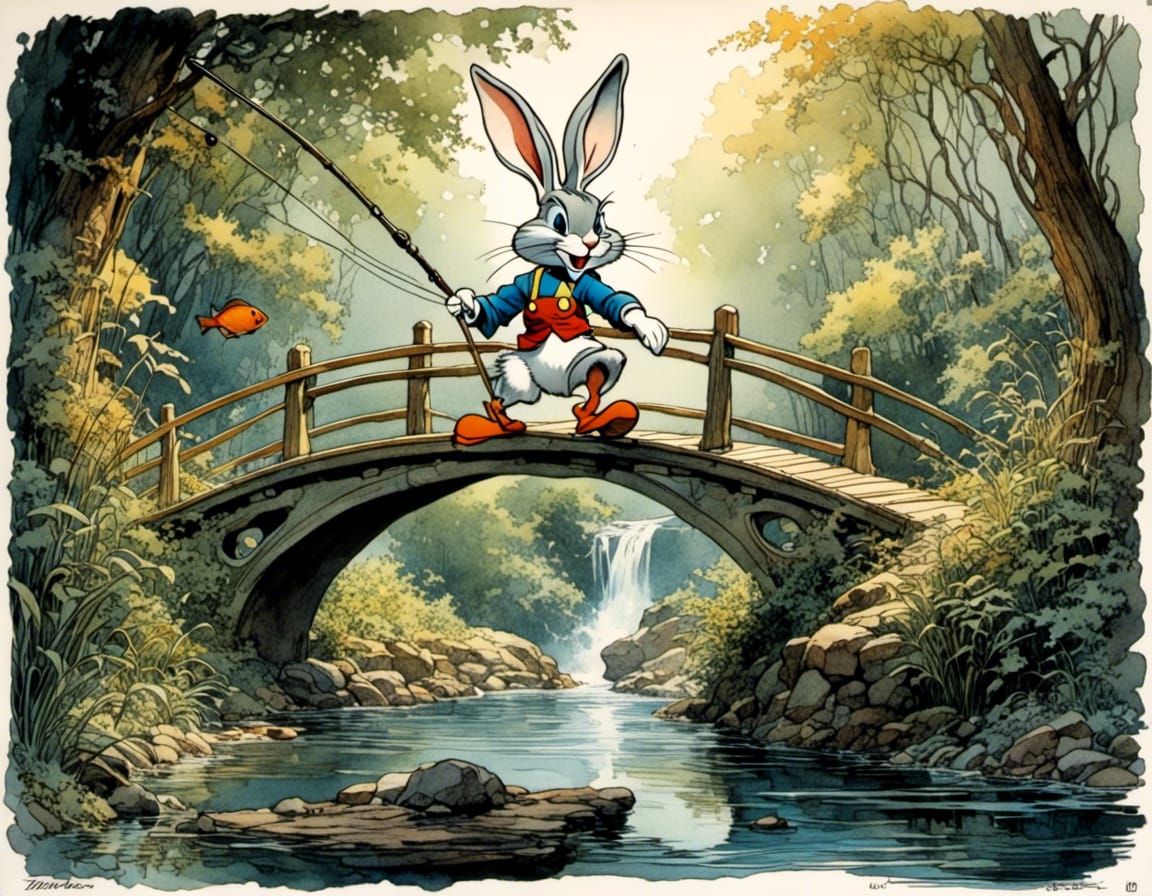 Bugs Bunny Fishing, Romantic Watercolor Comic Art
