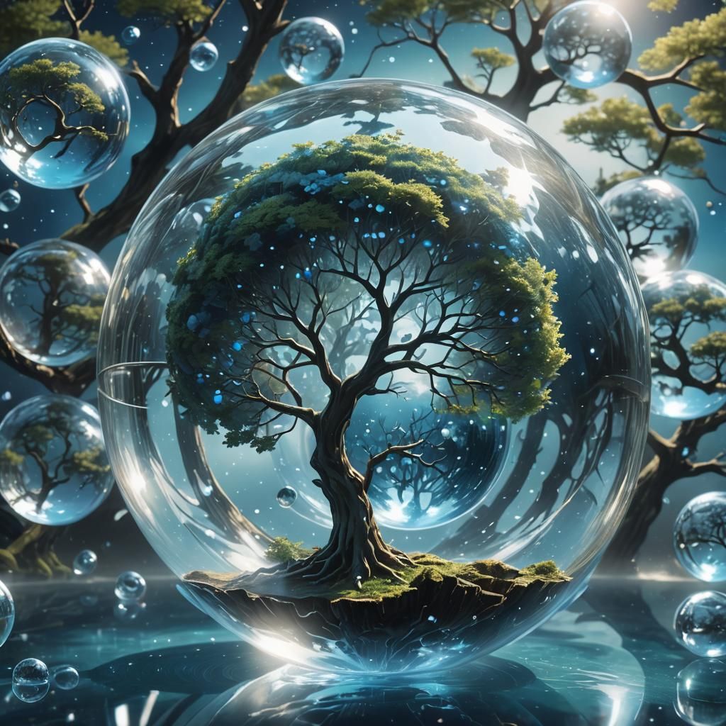 Dreamy Anime Tree in Glass Sphere, Surreal Art
