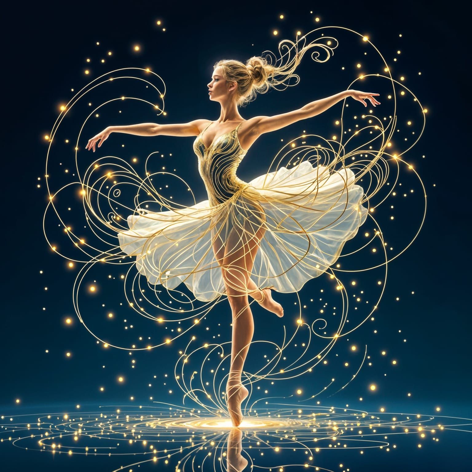 Ballerina Sculpture of Swirling Gold and White Lines