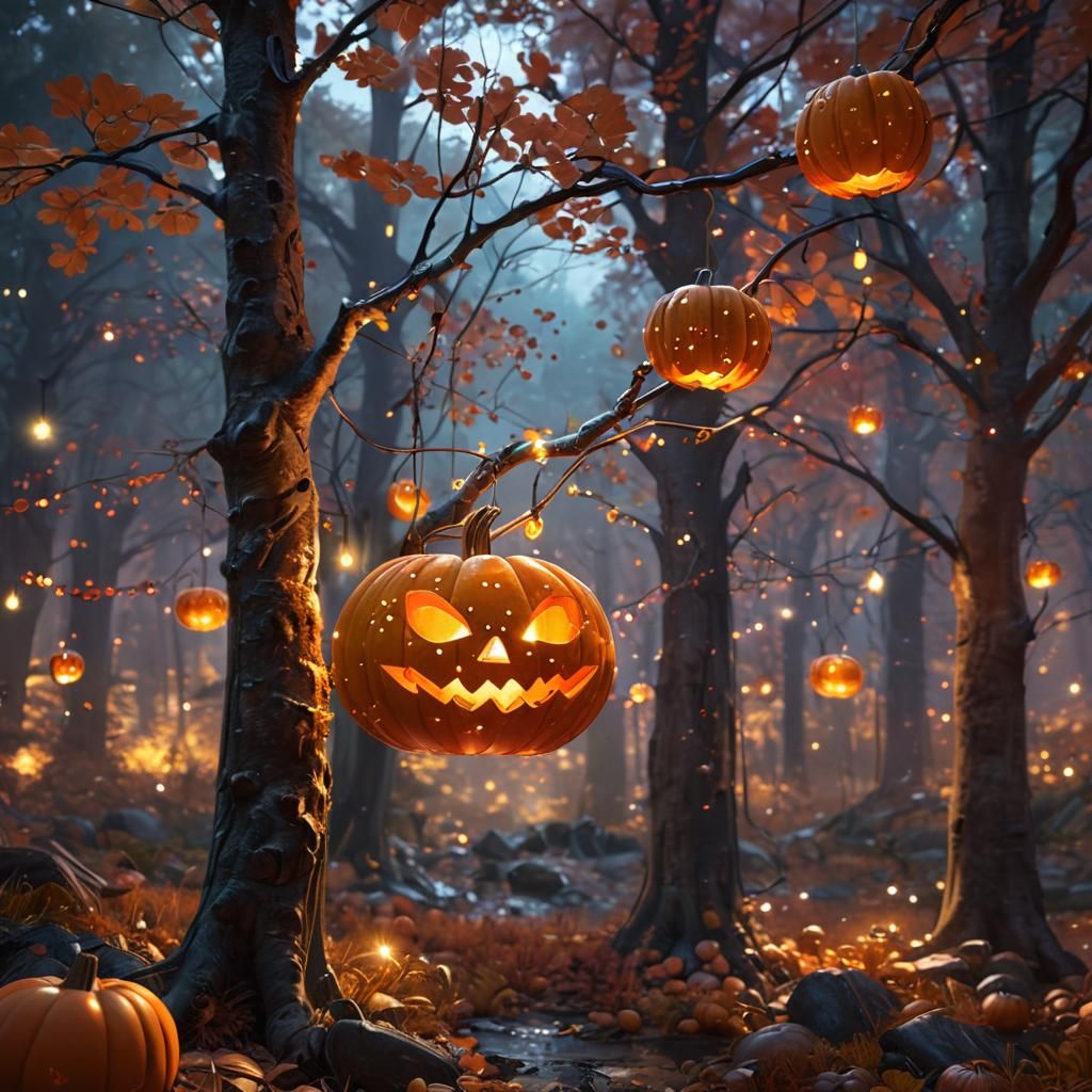 Glowing Pumpkin Lights Up Mystical Autumn Forest