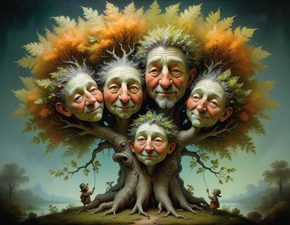 Whimsical Family Embrace: Anthropomorphic Trees in Surreal O...
