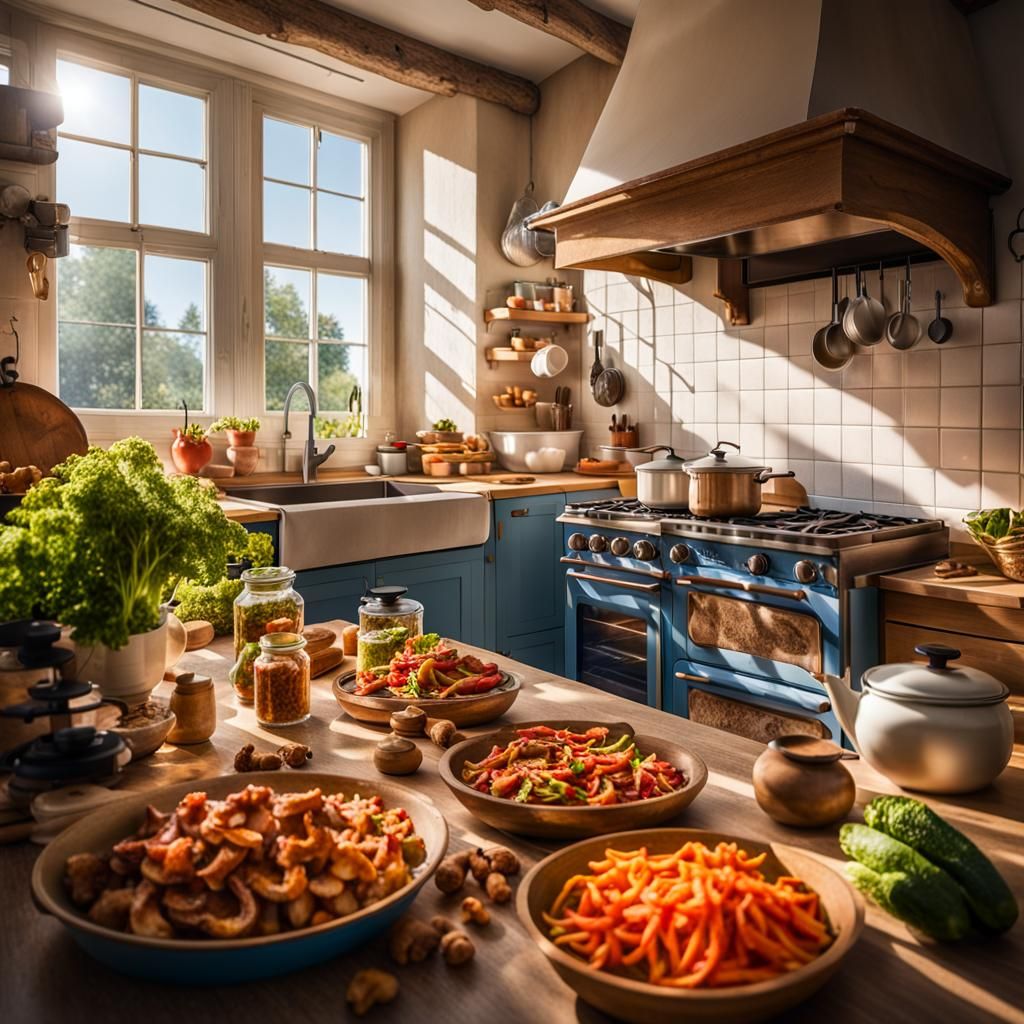 Realistic French Kitchen with Children, Ultra-realistic Phot...