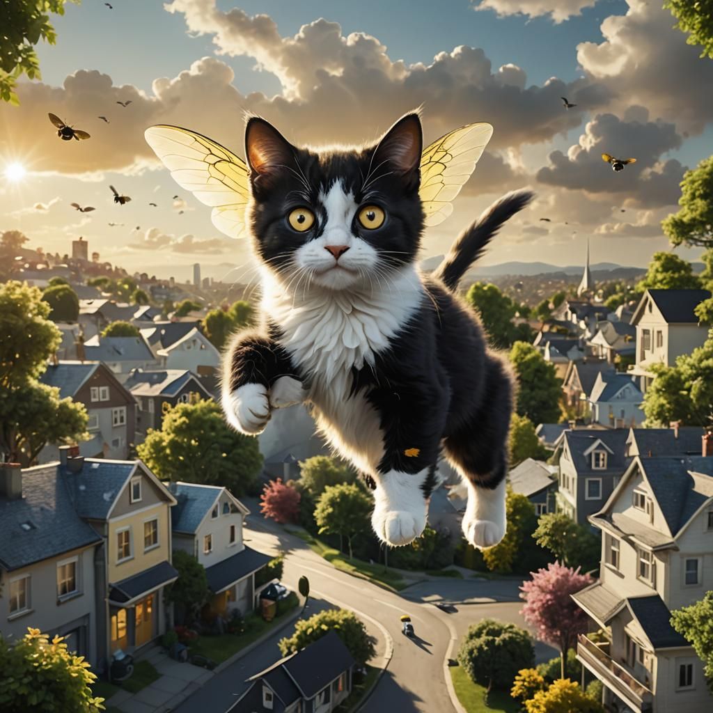 Bumblebee Kitten Hovers Above Neighborhood: Digital Art