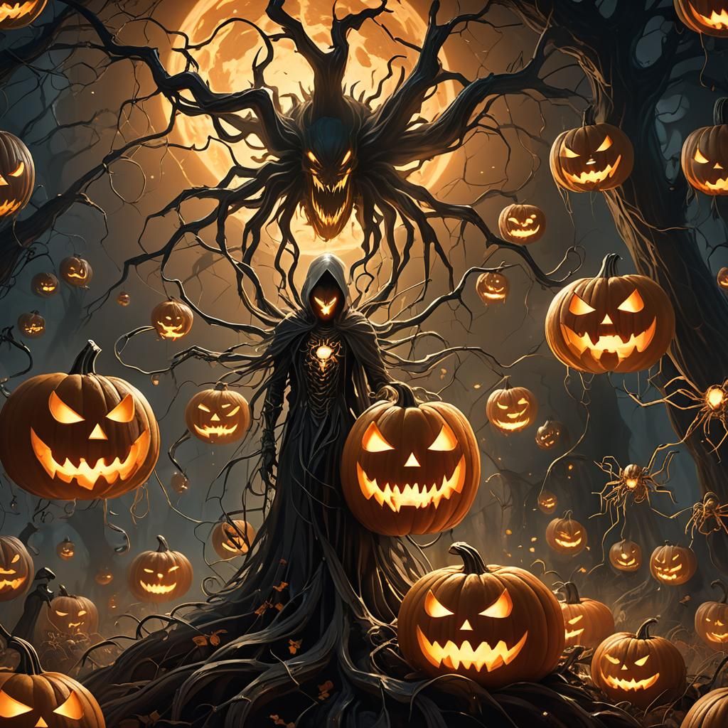 Ethereal Spirits Guard a Glowing Pumpkin in High-Fantasy Art