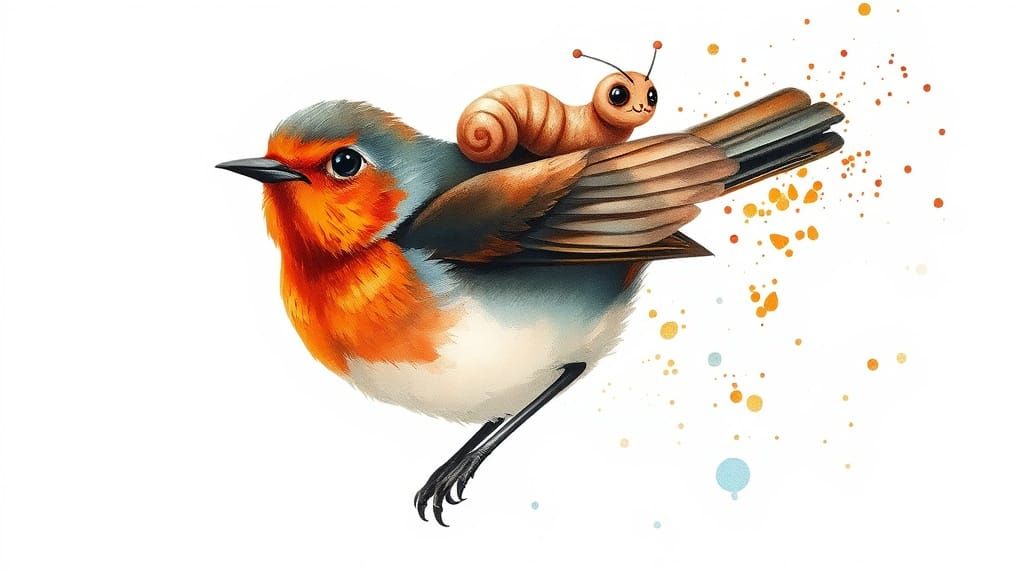 Robin with Bookworm Flying, Watercolor Style