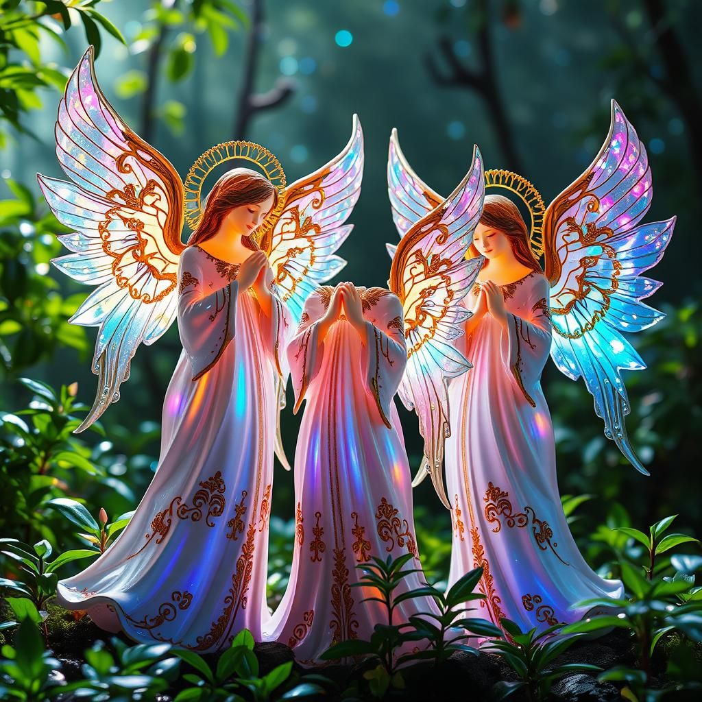 Enameled Glass Angels in Mystical Landscape