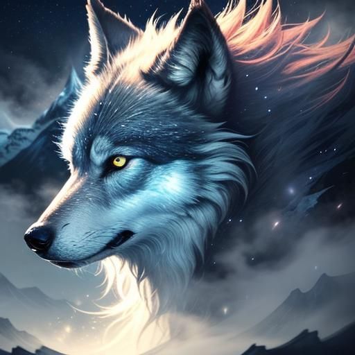 Wolf Face with Star in Fantastical Moonscape