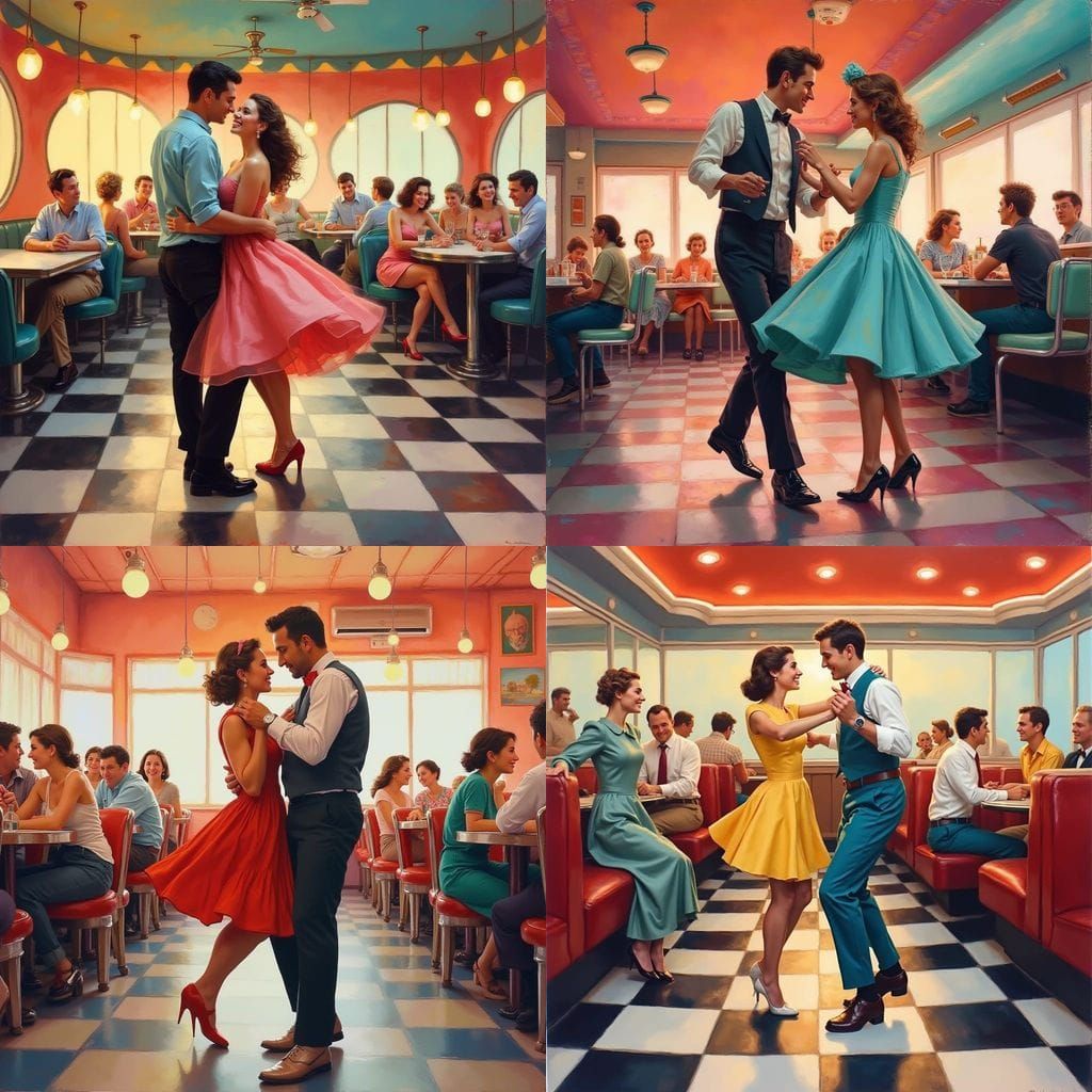 Gouache Painting of Sockhop Dance in 50s Diner