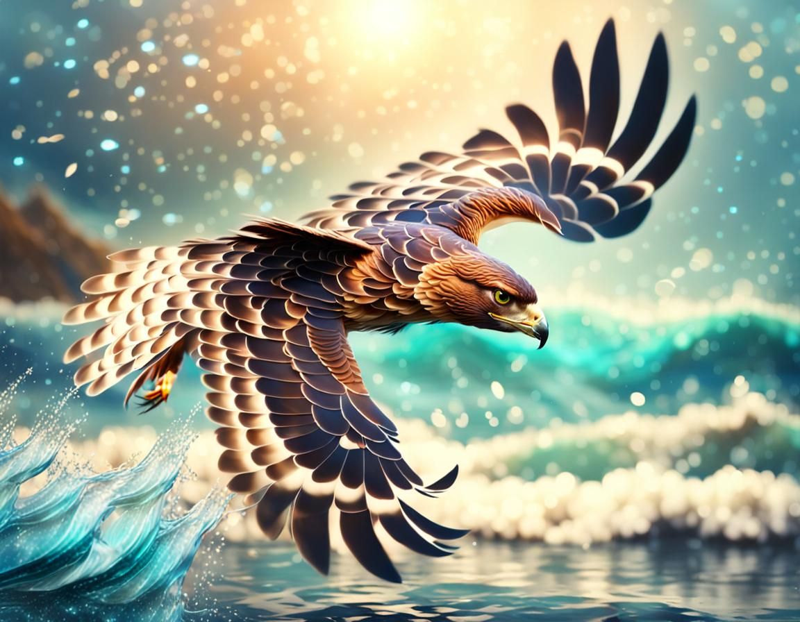 Magical Hawk Hunting on Enchanted Ocean: 3D Art