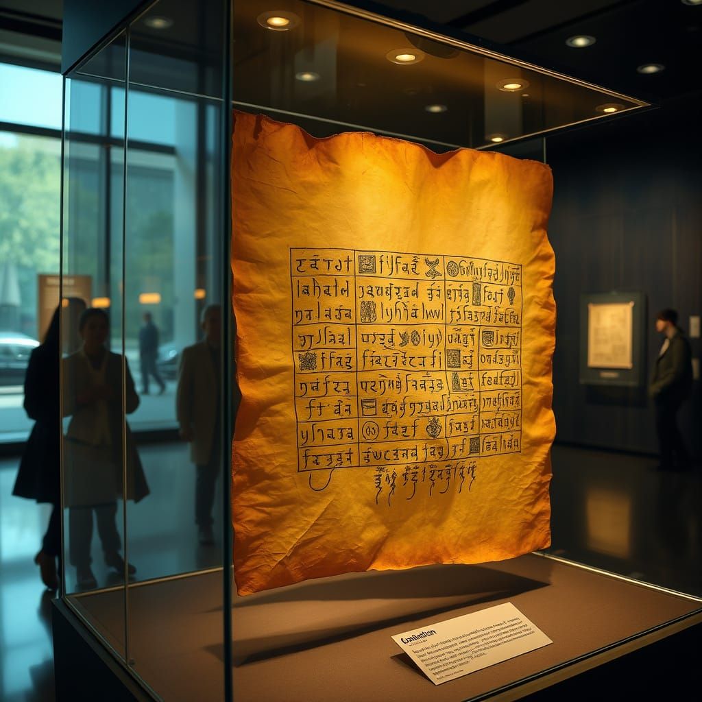 Ancient Manuscript in Glass Case, with Intricate Symbols and...