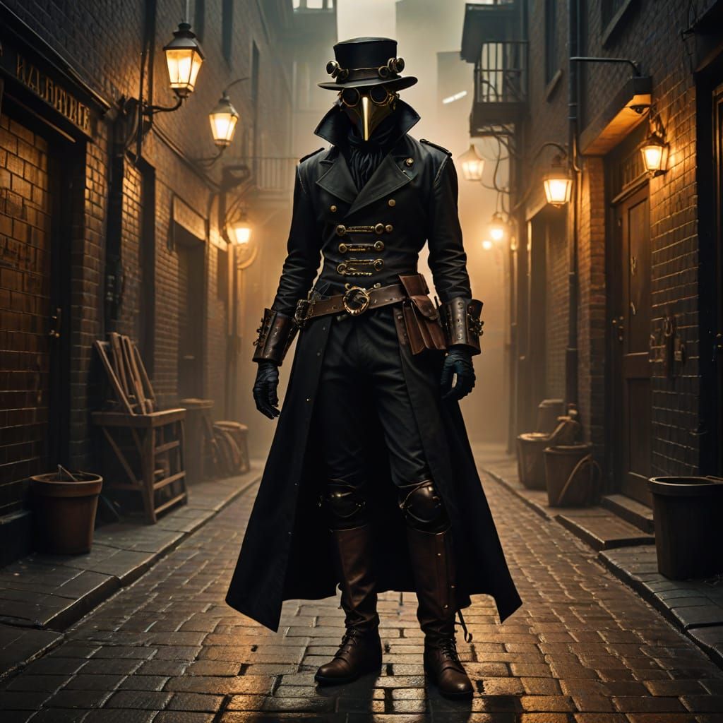 Steampunk Plague Doctor in Foggy Alleyway