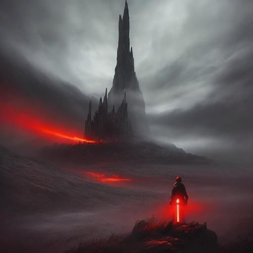 Jedi Knight with Red Lightsaber in Fantasy Landscape