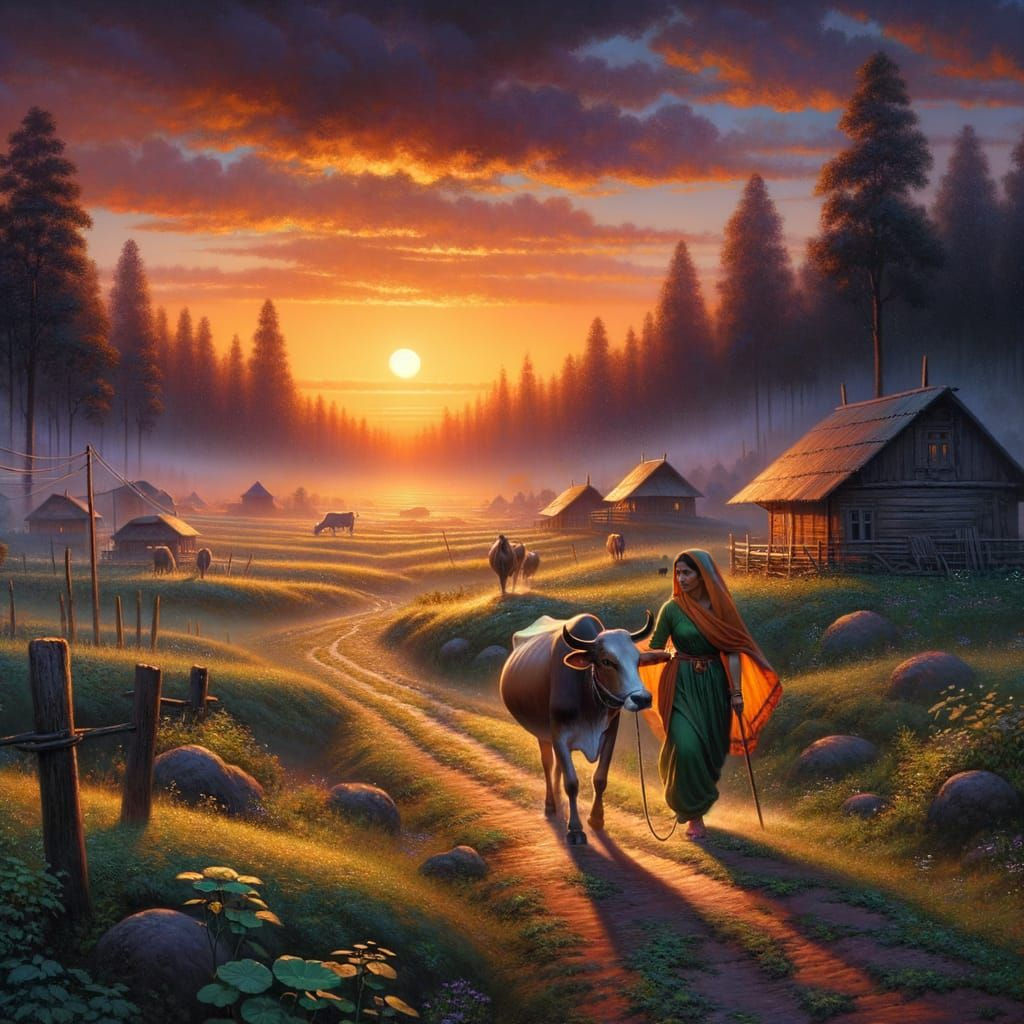 Serenity in a South Asian Village at Sunset