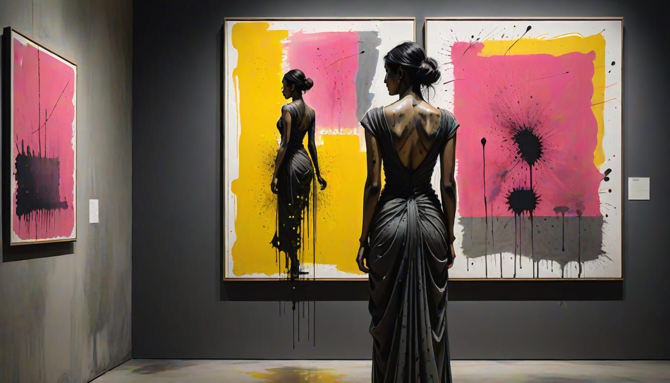 Woman in Silver Gown Gazing at Abstract Art