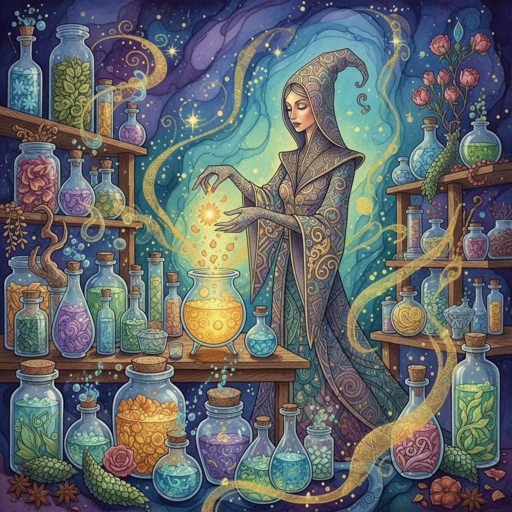 Intricately detailed alcohol ink illustration, well-lit Poti...