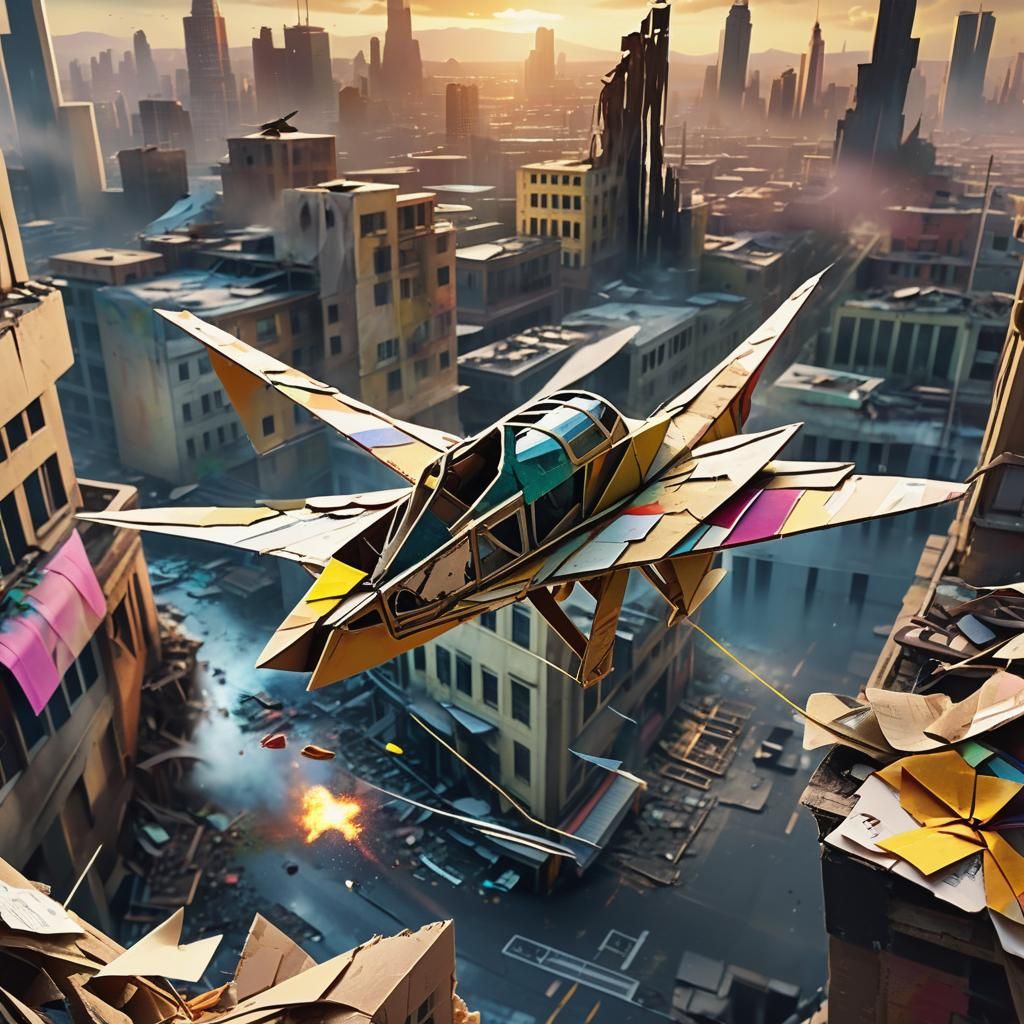 Dystopian Paper Airplane Soaring Through Ruined City