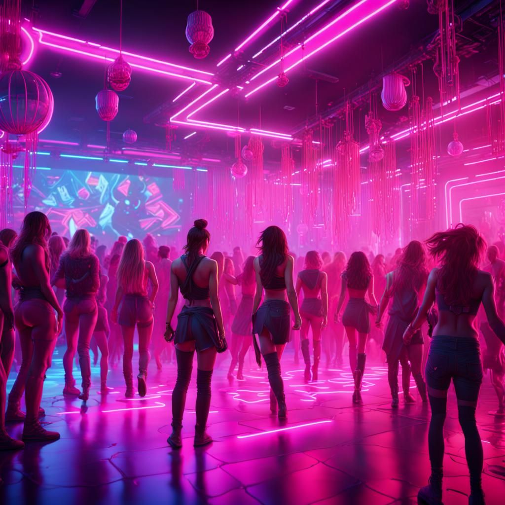 Neon Party in Club with Pink Lights