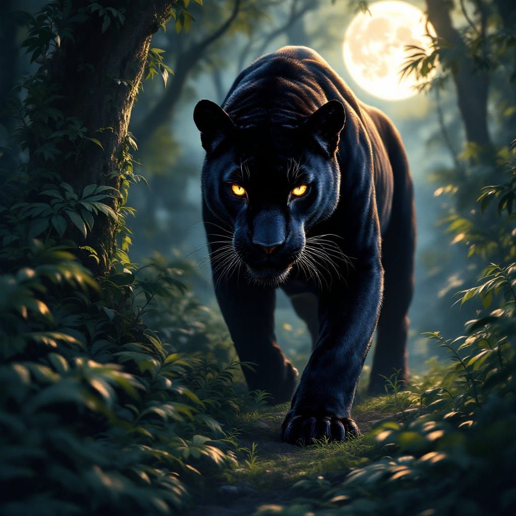 Majestic Black Panther in Moonlit Jungle, Anime Style