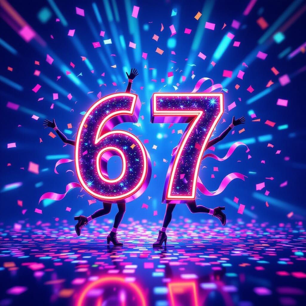 Vibrant Number 67 Dancing in Neon Confetti