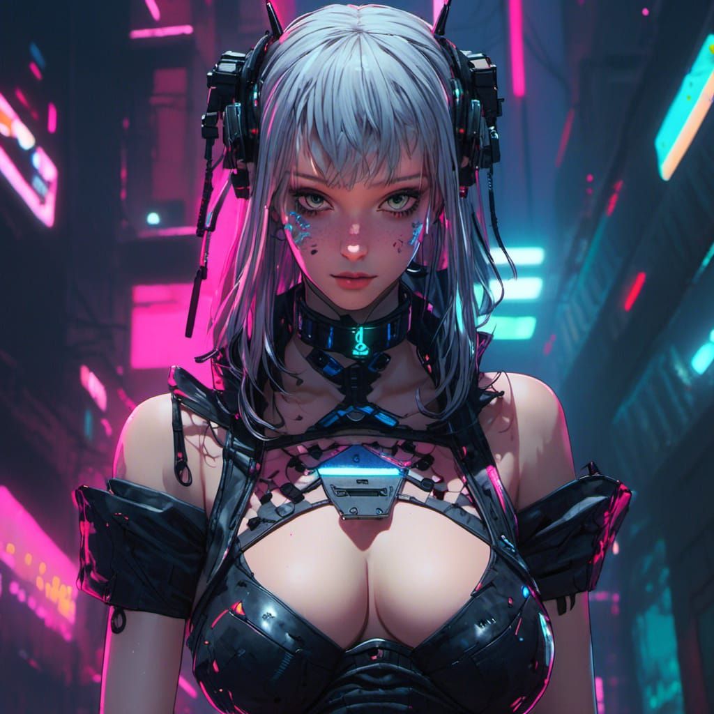 Cyberpunk Goth Character in Neon Cityscape