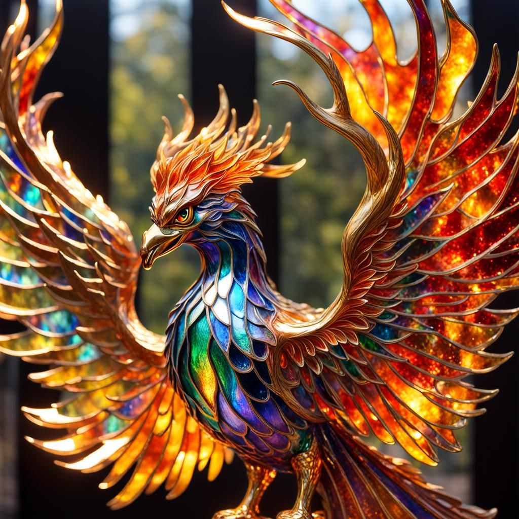 Enameled Glass Phoenix Figurine in Stained Glass Style
