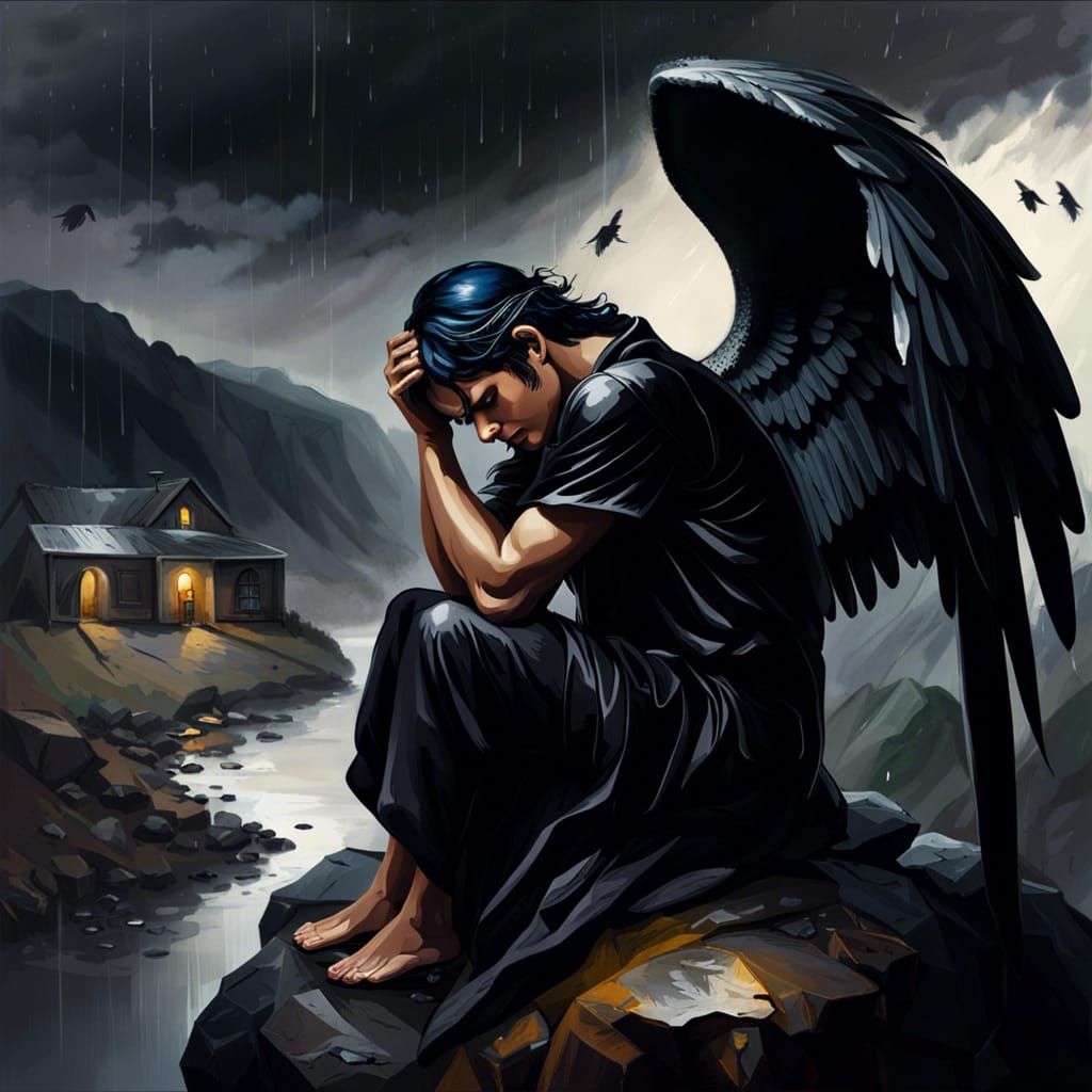 Crying Angel with Black Wings in the Rain