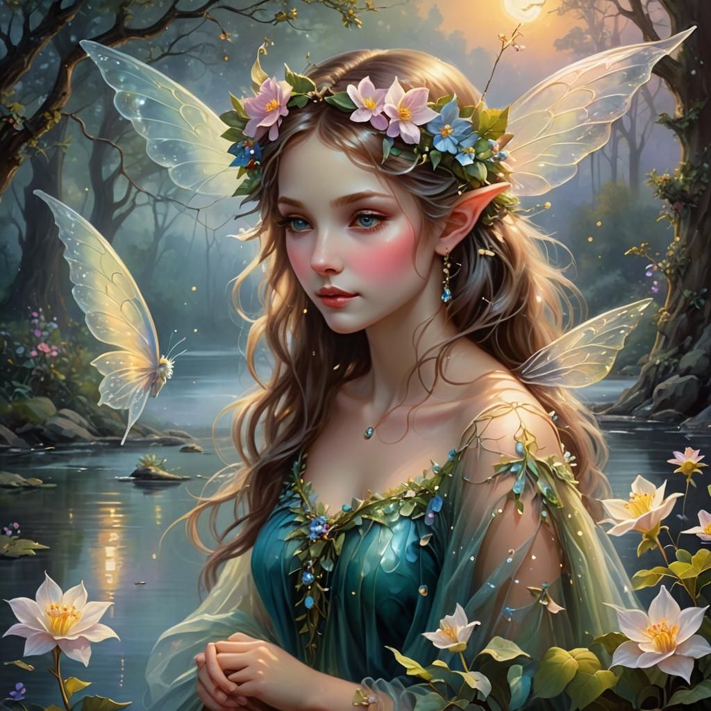 Enchanting Fairy Reflecting in Misty Riverside Oil Painting